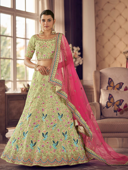 Odette Olive Embroidered Art Silk Semi Stitched Lehenga With Blouse For Women