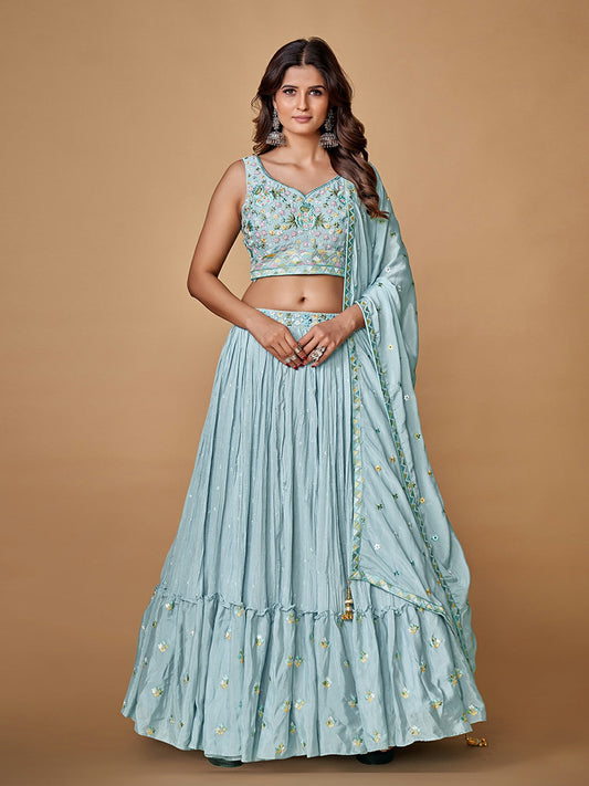 Odette Blue Embroidered Chiffon Stitched Lehenga With Blouse For Women