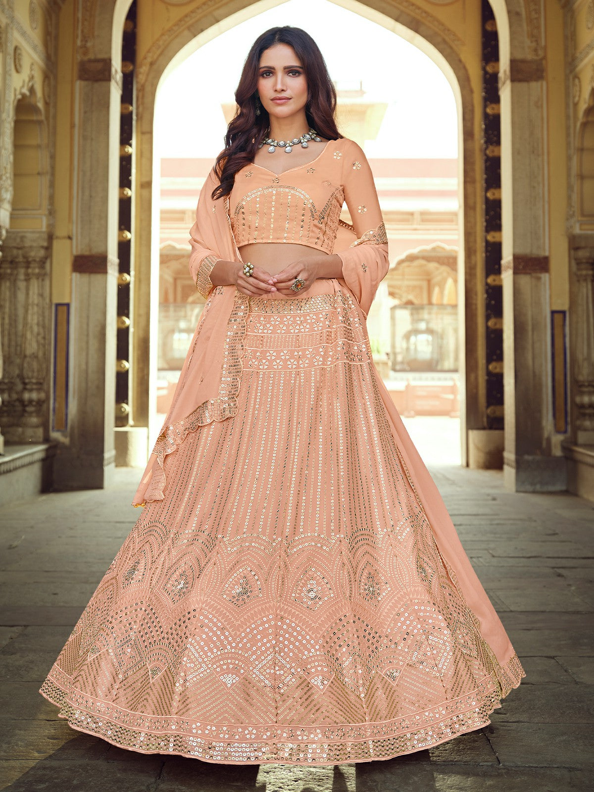 Odette Peach Embellished Georgette Semi Stitched Lehenga With Blouse For Women