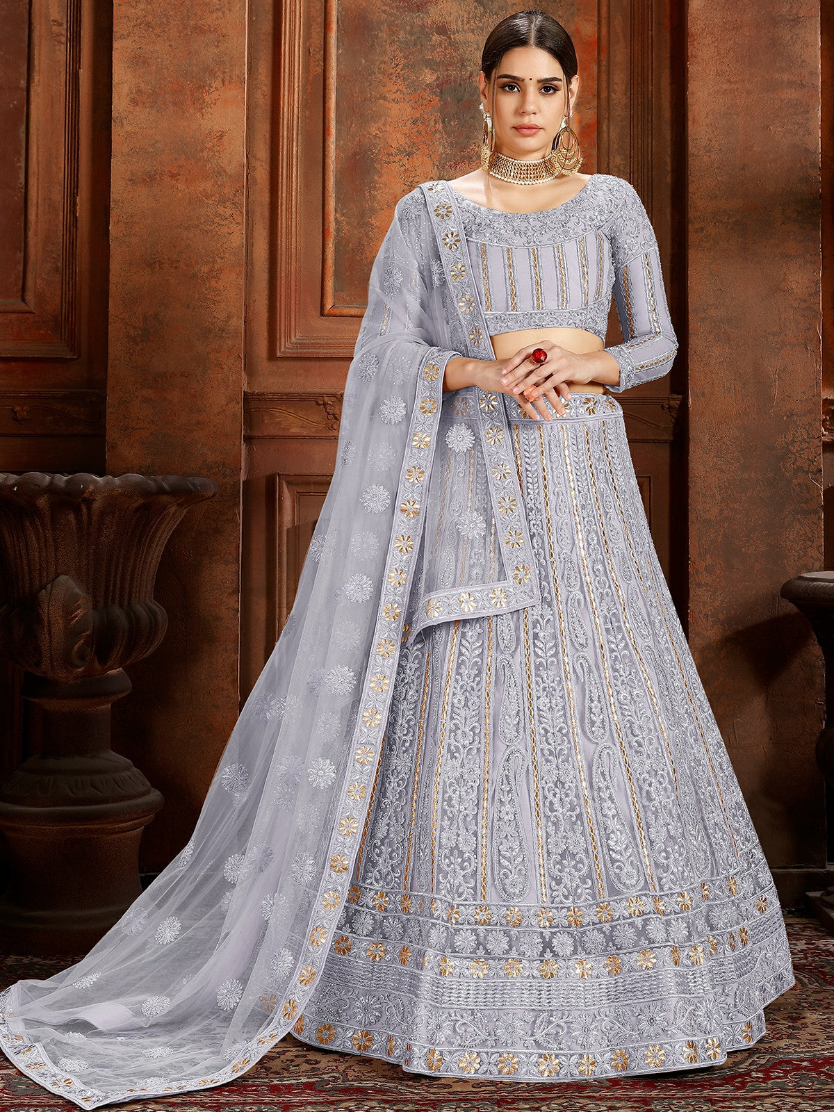 Odette Grey Embroidered Soft Net Semi Stitched Lehenga With Blouse For Women