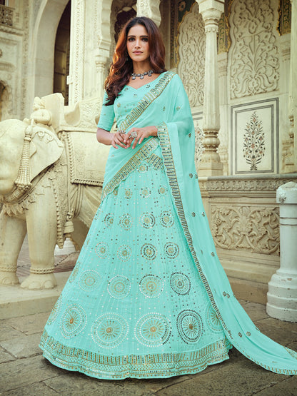 Odette Sea Green Embellished Georgette Semi Stitched Lehenga With Blouse For Women