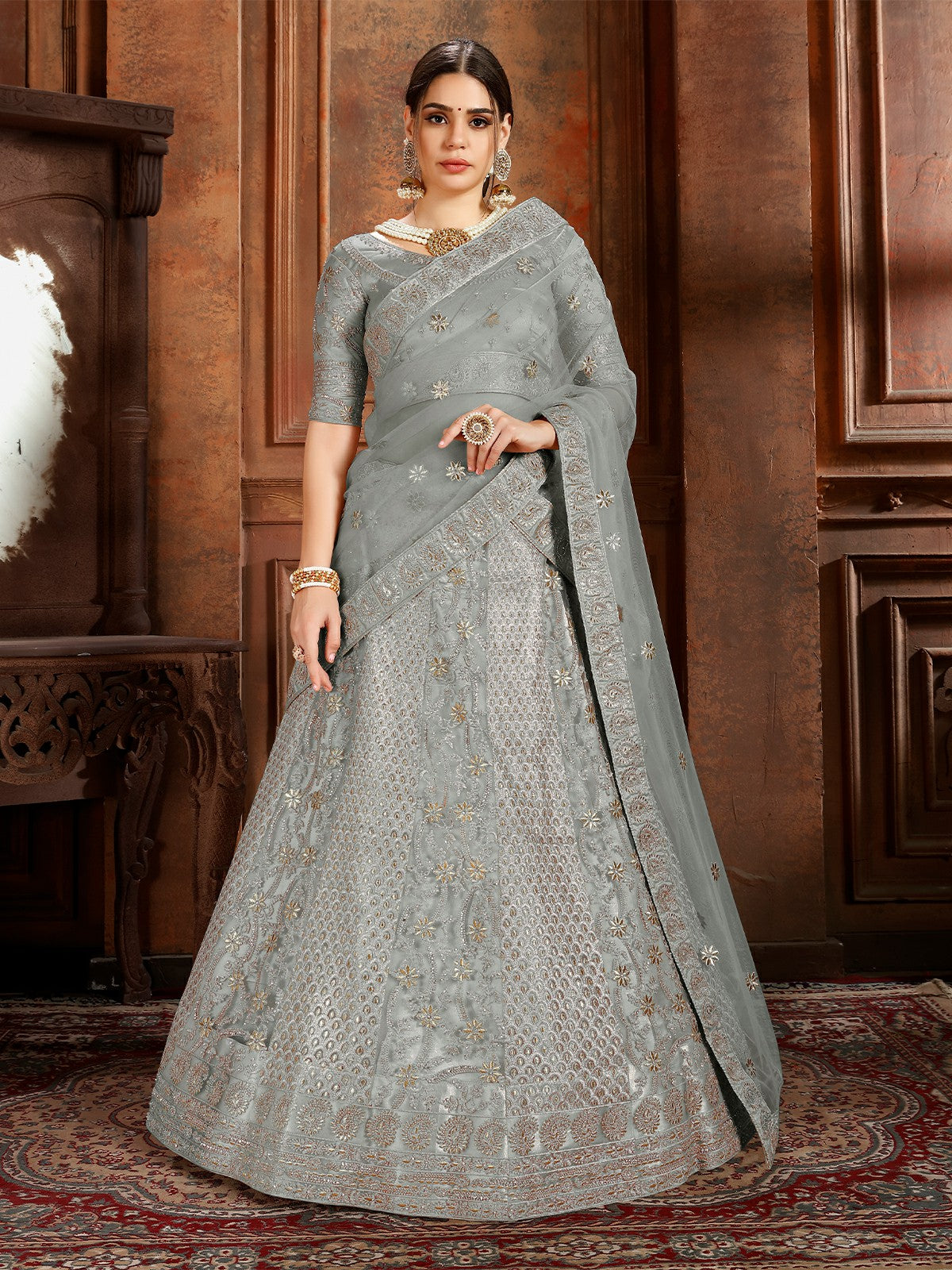 Odette Grey Embroidered Soft Net Semi Stitched Lehenga With Blouse For Women
