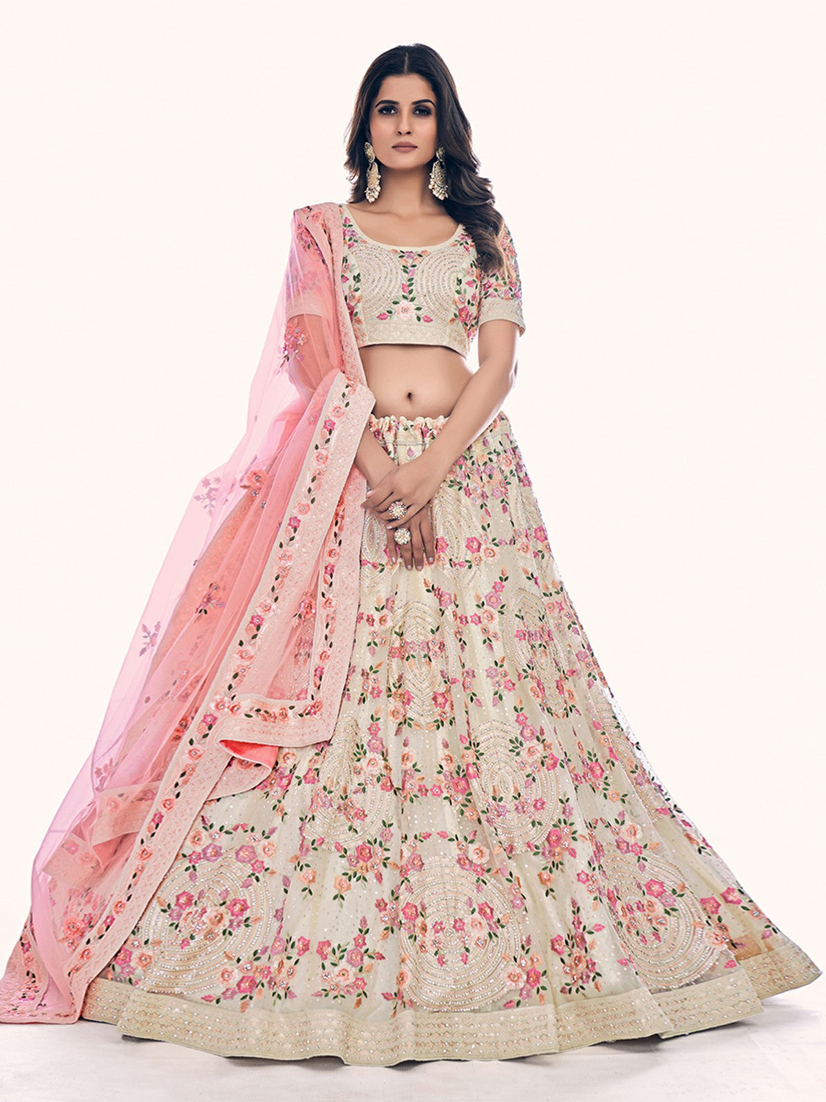 Odette Off White Embroidered Soft Net Semi Stitched Lehenga With Blouse For Women