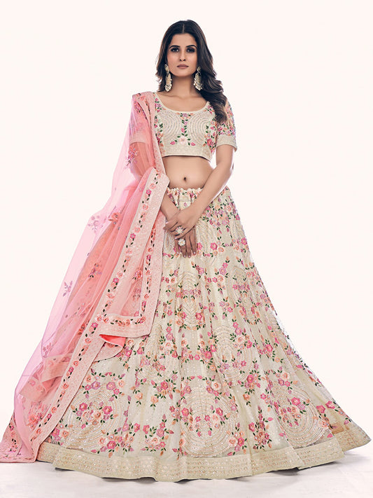 Odette Off White Embroidered Soft Net Semi Stitched Lehenga With Blouse For Women