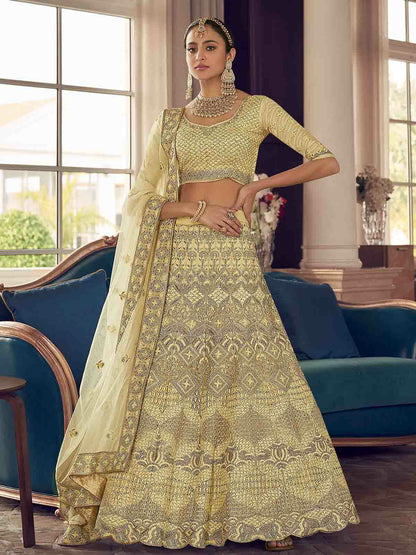 Odette Yellow Embroidered Crepe Semi Stitched Lehenga With Blouse For Women