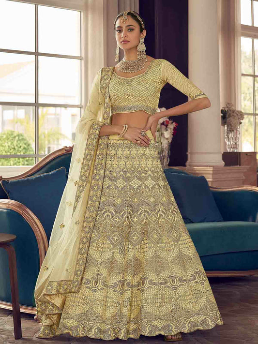 Odette Yellow Embroidered Crepe Semi Stitched Lehenga With Blouse For Women
