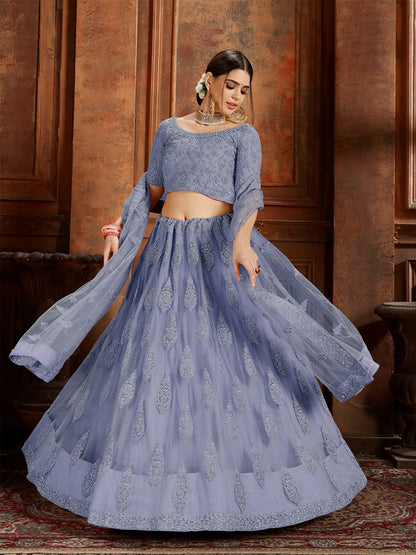 Odette Blue Embroidered Soft Net Semi Stitched Lehenga With Blouse For Women