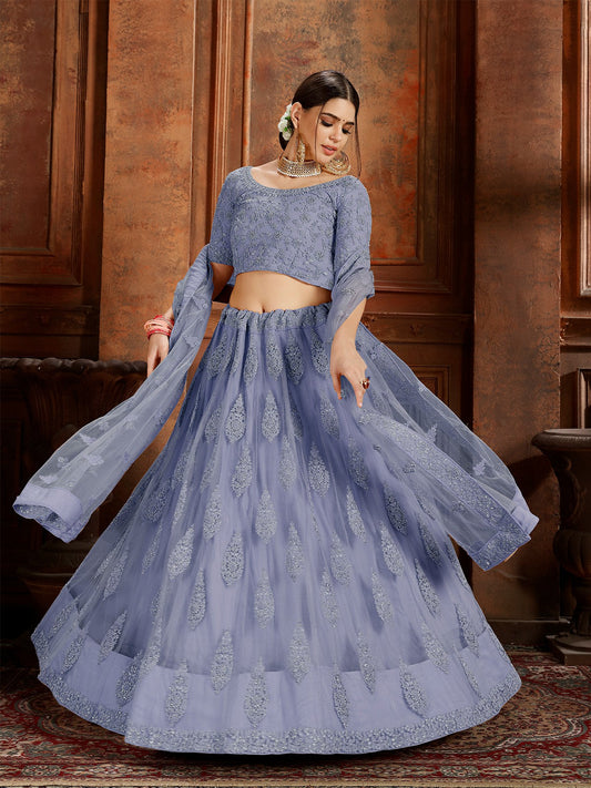 Odette Blue Embroidered Soft Net Semi Stitched Lehenga With Blouse For Women