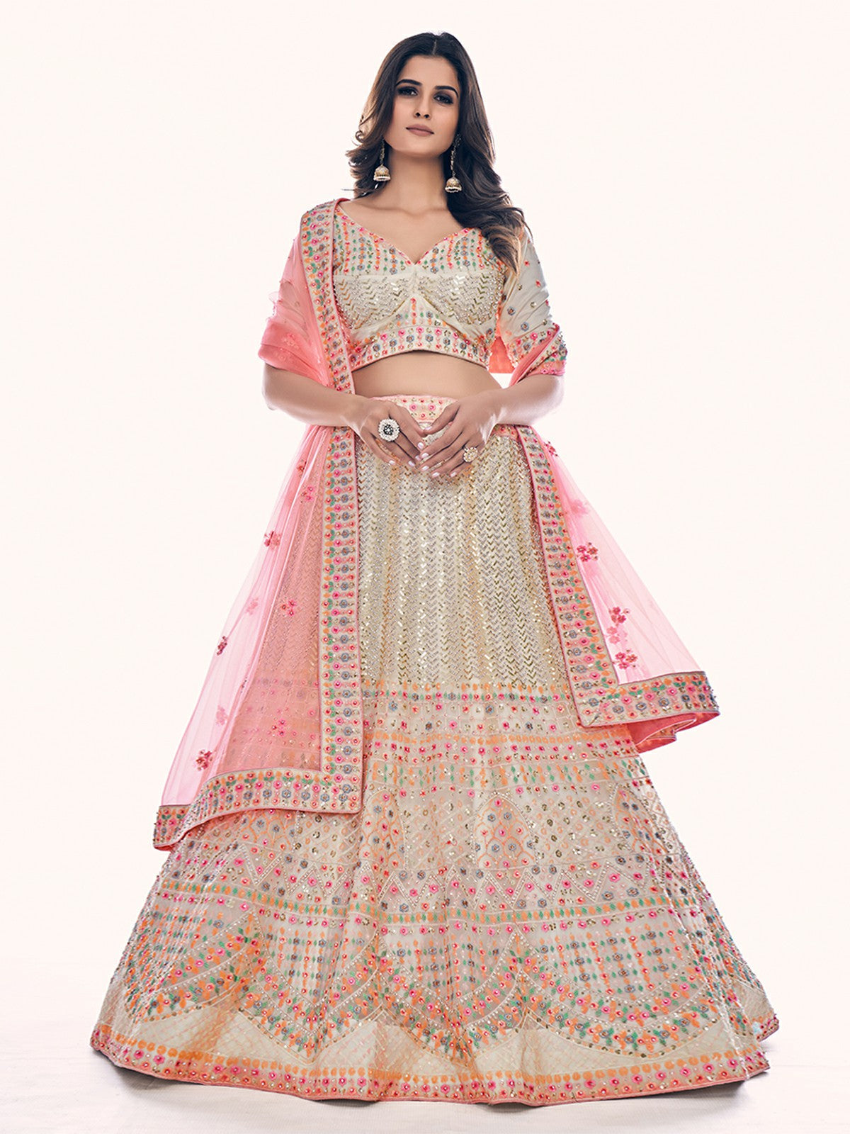 Odette Off White Embroidered Soft Net Semi Stitched Lehenga With Blouse For Women