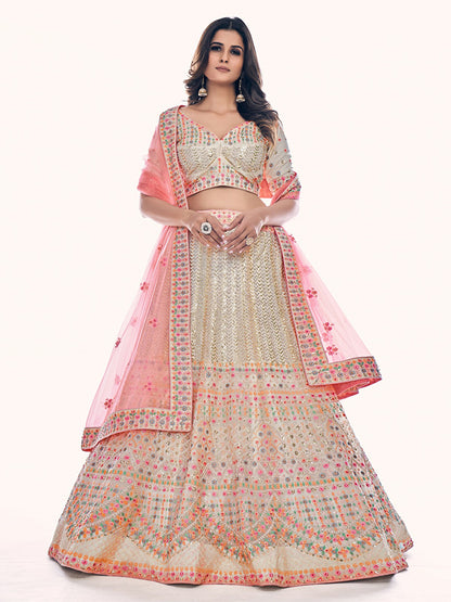 Odette Off White Embroidered Soft Net Semi Stitched Lehenga With Blouse For Women