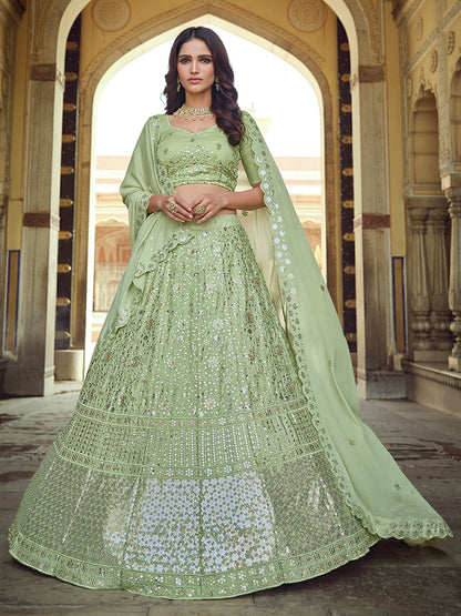 Odette Olive Embellished Georgette Semi Stitched Lehenga With Blouse For Women