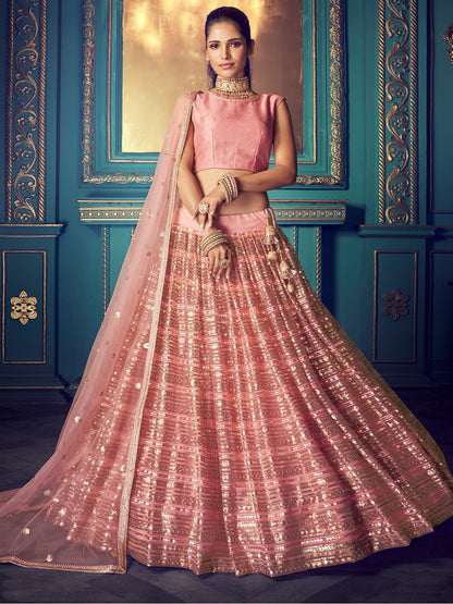 Odette Peach Embellished Soft Net Semi Stitched Lehenga With Blouse For Women