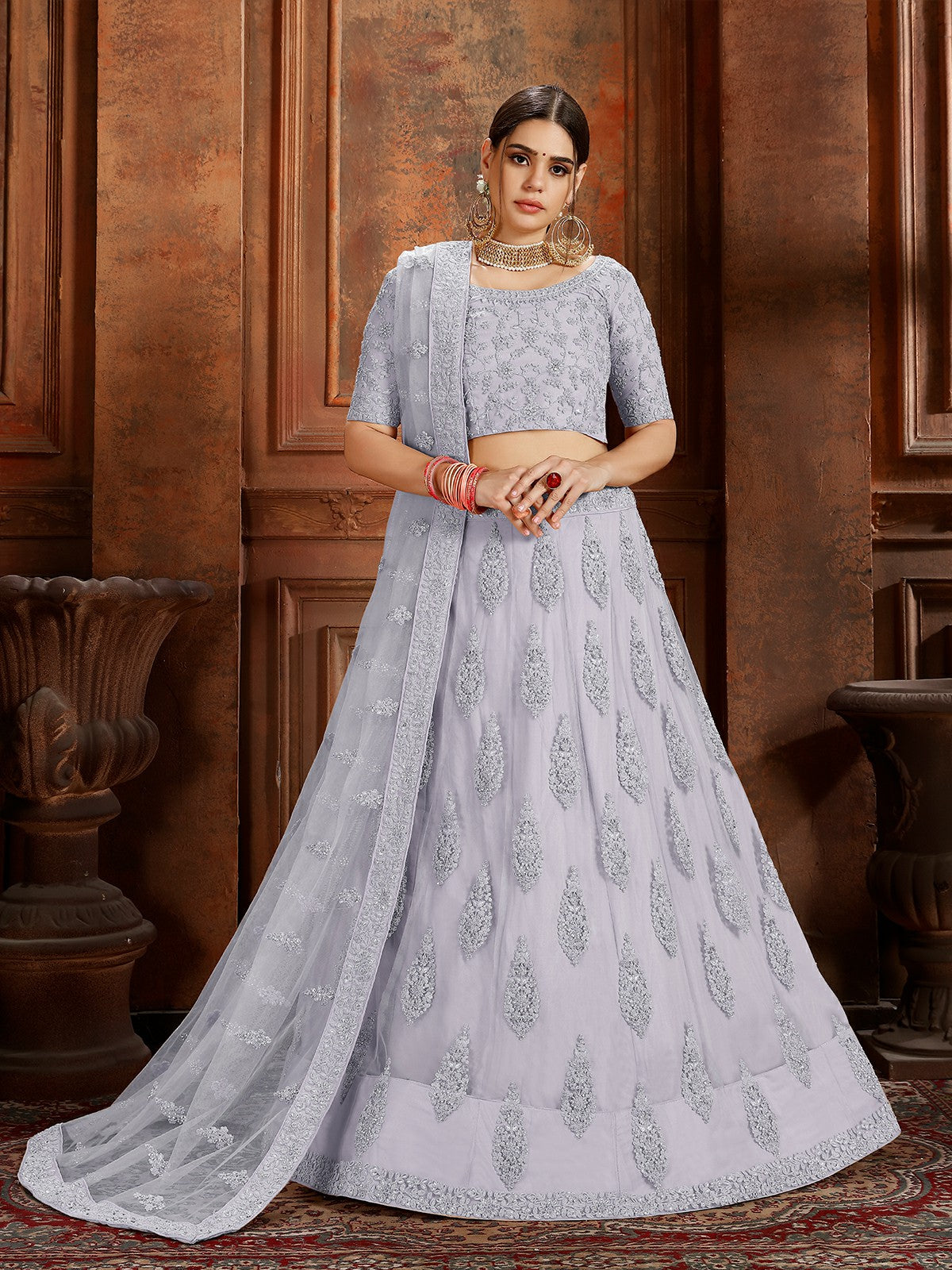 Odette Grey Embroidered Soft Net Semi Stitched Lehenga With Blouse For Women