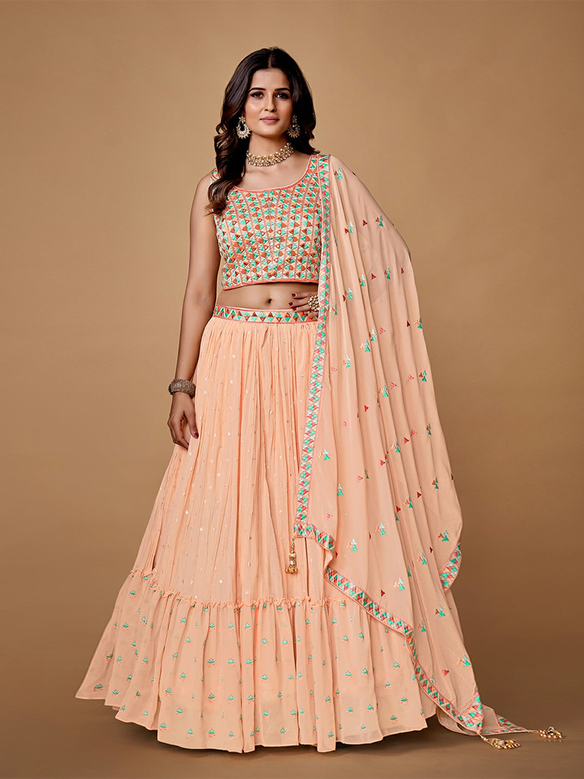 Odette Peach Embroidered Georgette Stitched Lehenga With Blouse For Women