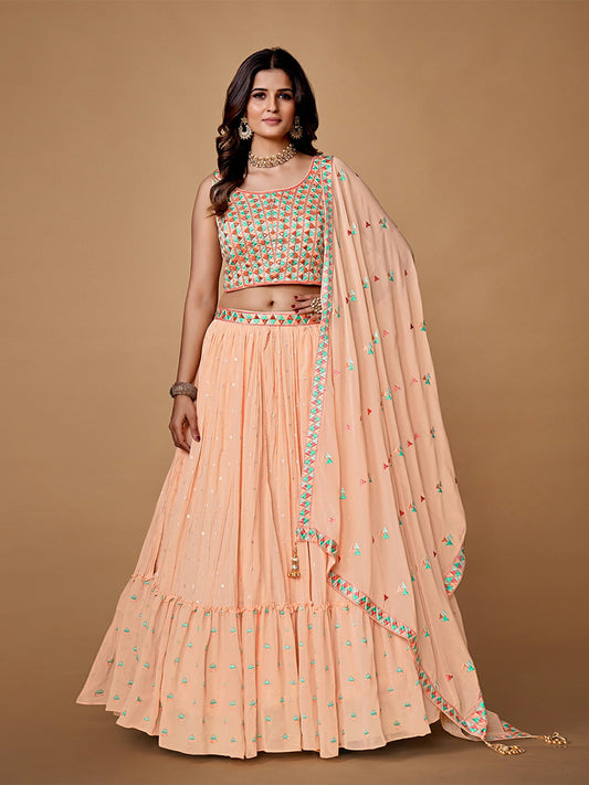 Odette Peach Embroidered Georgette Stitched Lehenga With Blouse For Women