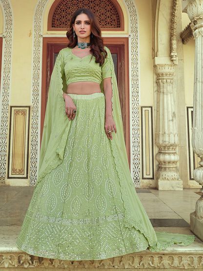 Odette Olive Embellished Georgette Semi Stitched Lehenga With Blouse For Women