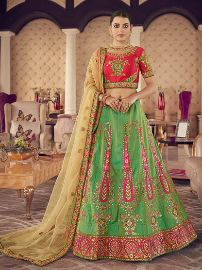 Odette Green Embroidered Art Silk Semi Stitched Lehenga With Blouse For Women