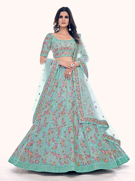 Odette Sea Green Embroidered Soft Net Semi Stitched Lehenga With Blouse For Women