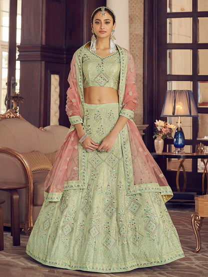 Odette Olive Embroidered Crepe Semi Stitched Lehenga With Blouse For Women