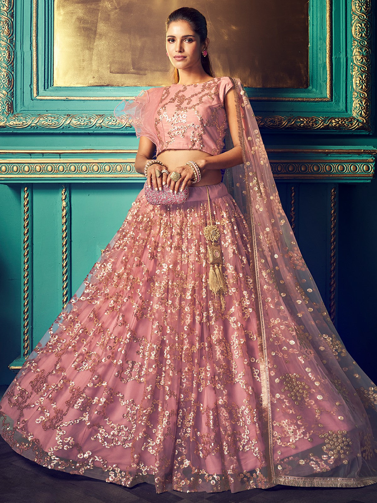 Odette Peach Embellished Soft Net Semi Stitched Lehenga With Blouse For Women