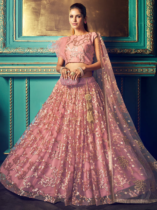 Odette Peach Embellished Soft Net Semi Stitched Lehenga With Blouse For Women