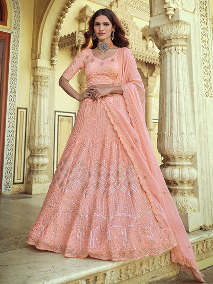 Odette Peach Embellished Georgette Semi Stitched Lehenga With Blouse For Women