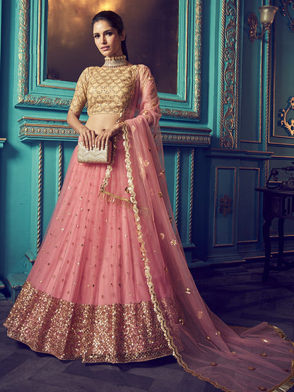 Odette Pink Embellished Soft Net Semi Stitched Lehenga With Blouse For Women