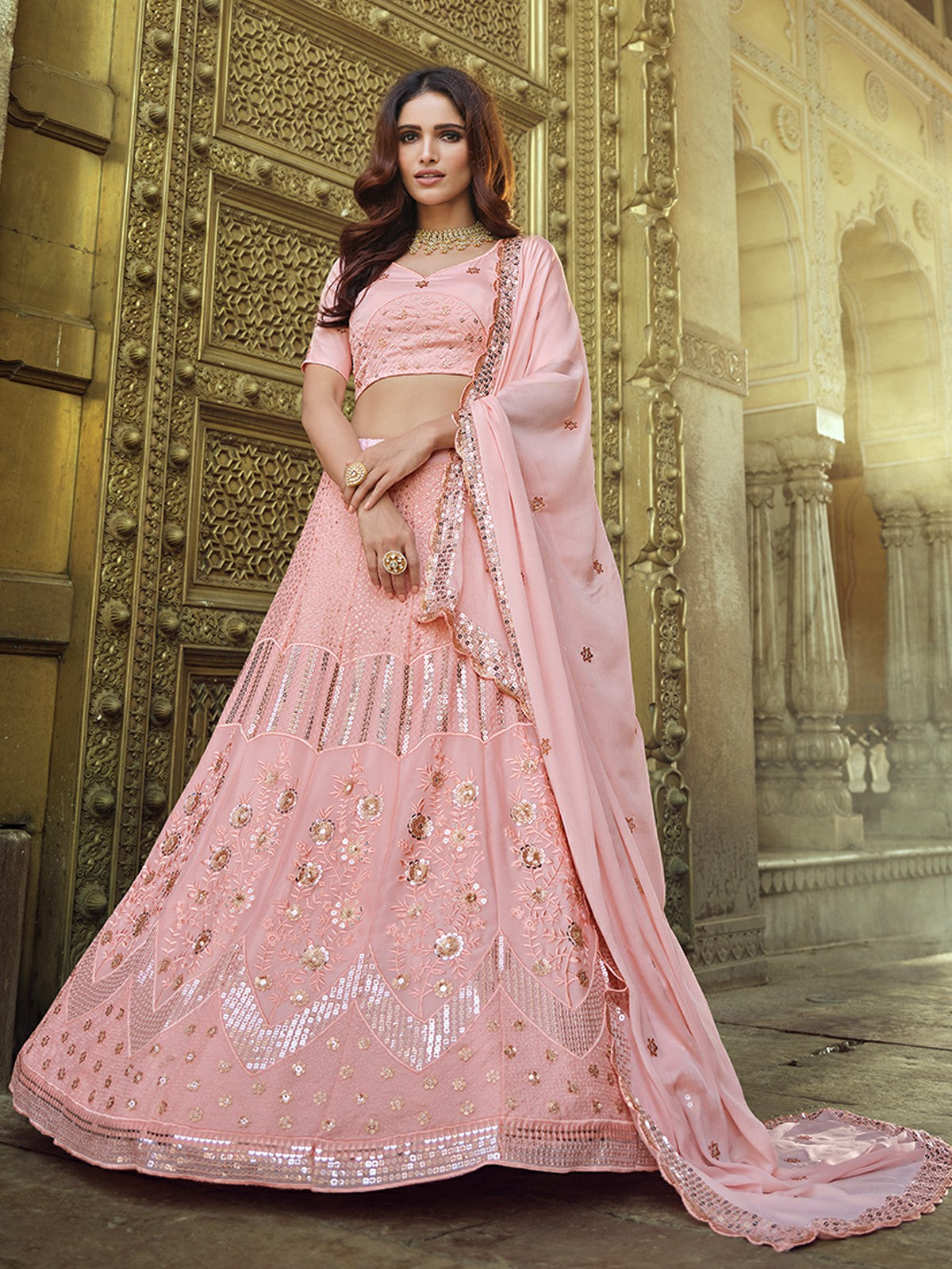 Odette Pink Embellished Georgette Semi Stitched Lehenga With Blouse For Women