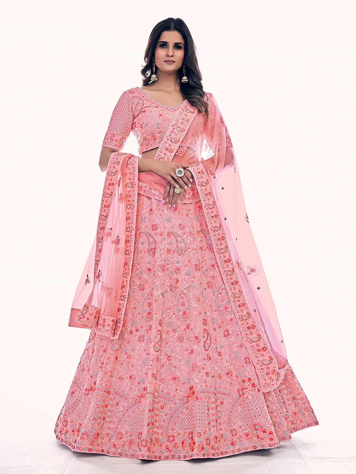 Odette Pink Embroidered Soft Net Semi Stitched Lehenga With Blouse For Women