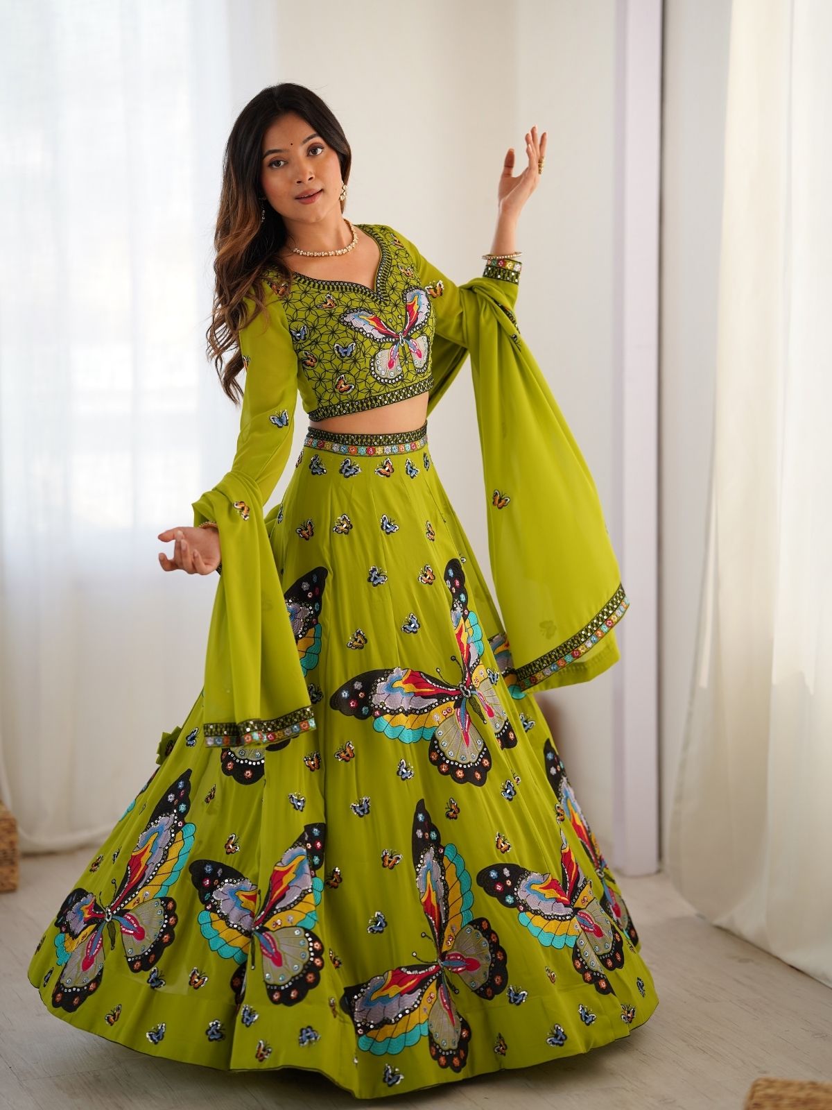 Odette Green Georgette Embroidered Semi-Stitched lehenga For Women