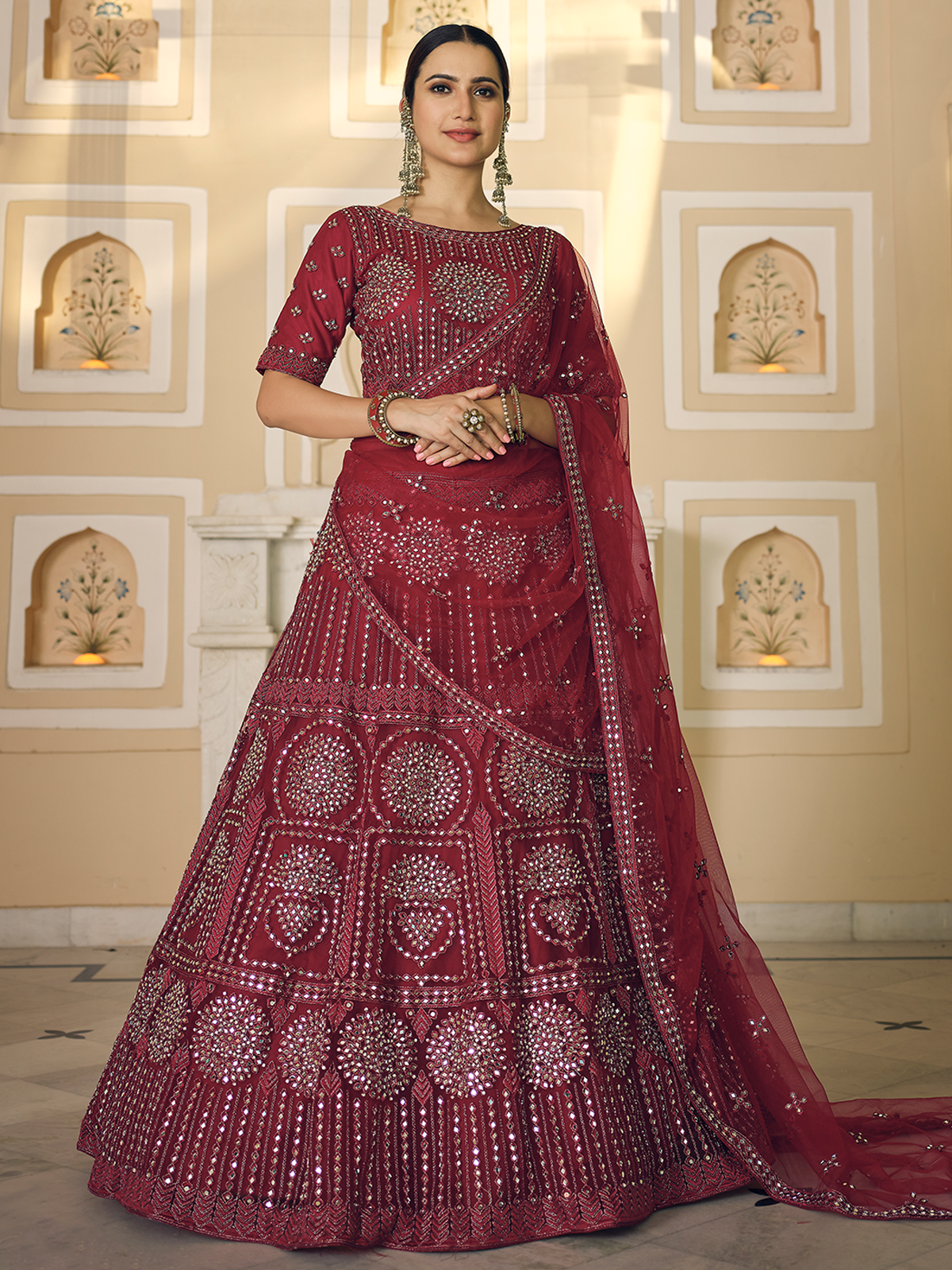 Odette Women Maroon Soft Net Semi Stitched Lehenga With Unstitched Blouse