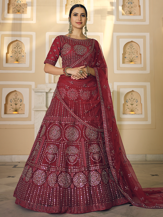 Odette Women Maroon Soft Net Semi Stitched Lehenga With Unstitched Blouse
