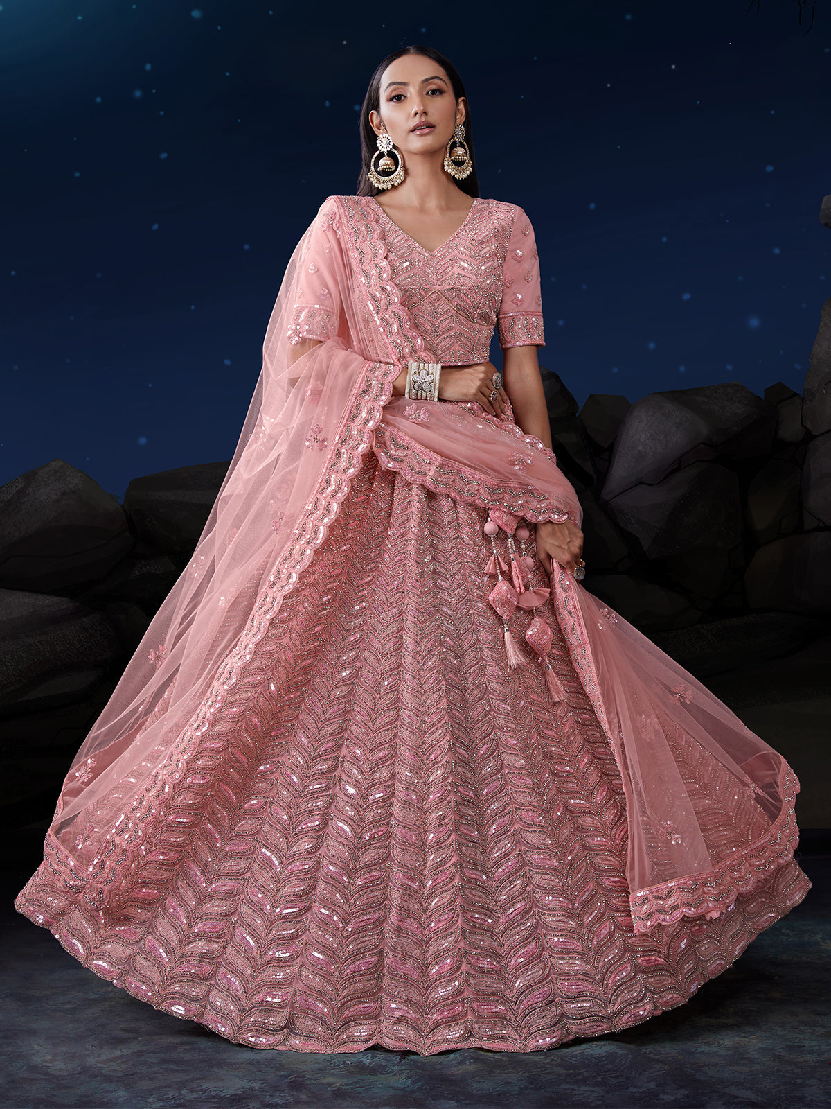 Odette Pink Embellished Soft Net Semi Stitched Lehenga With Blouse For Women
