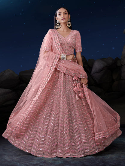 Odette Pink Embellished Soft Net Semi Stitched Lehenga With Blouse For Women