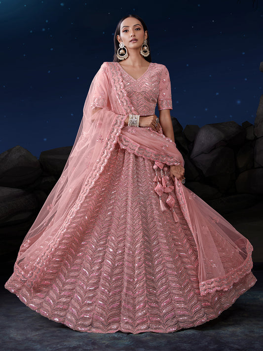Odette Pink Embellished Soft Net Semi Stitched Lehenga With Blouse For Women