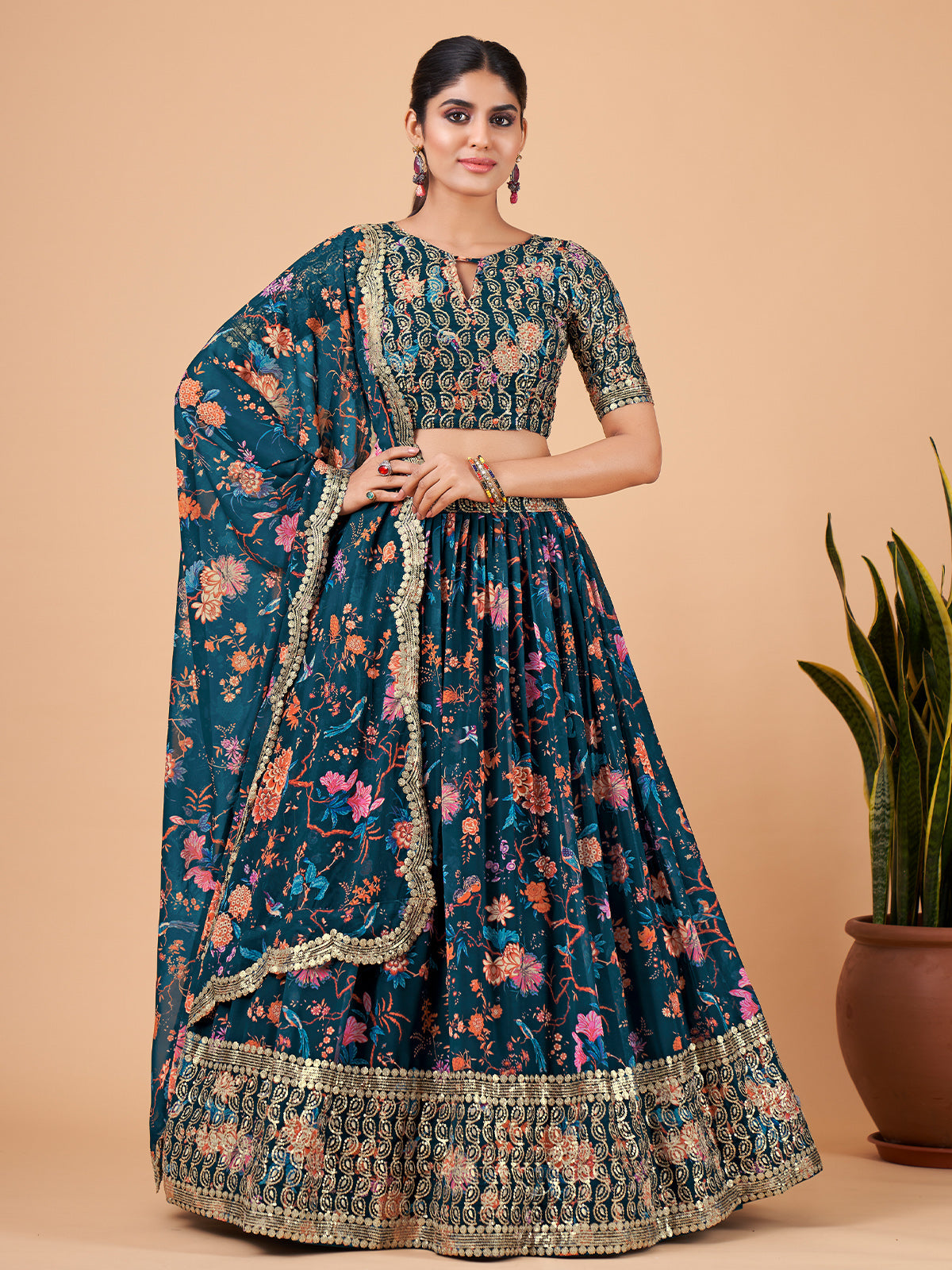 Odette Women Teal Printed And Embroidered Semi Stitched Lehenga With  Unstitched Blouse