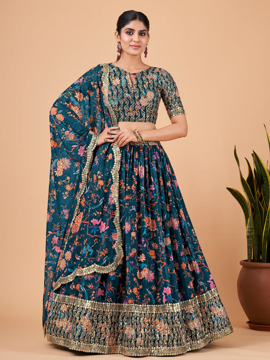 Odette Women Teal Printed And Embroidered Semi Stitched Lehenga With  Unstitched Blouse