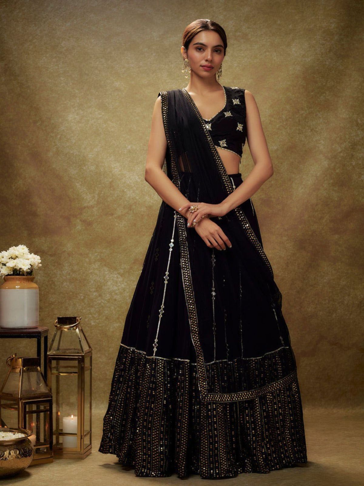 Odette Black Georgette Embellished Semi-Stitched Lehenga For Women