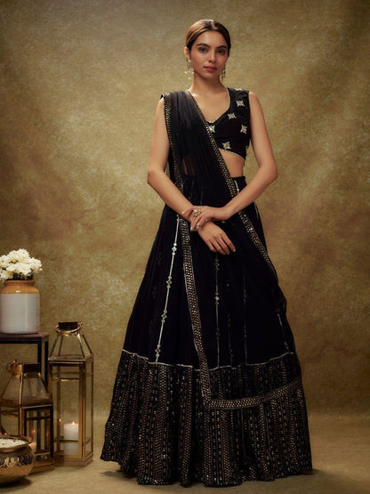 Odette Black Georgette Embellished Semi-Stitched Lehenga For Women