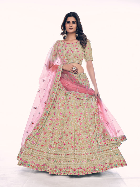Odette Cream Embroidered Silk Blend Semi Stitched Lehenga With Blouse For Women