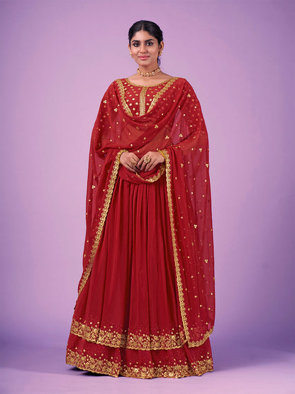 Odette Red Embroidered Georgette Semi Stitched Lehenga With Blouse For Women