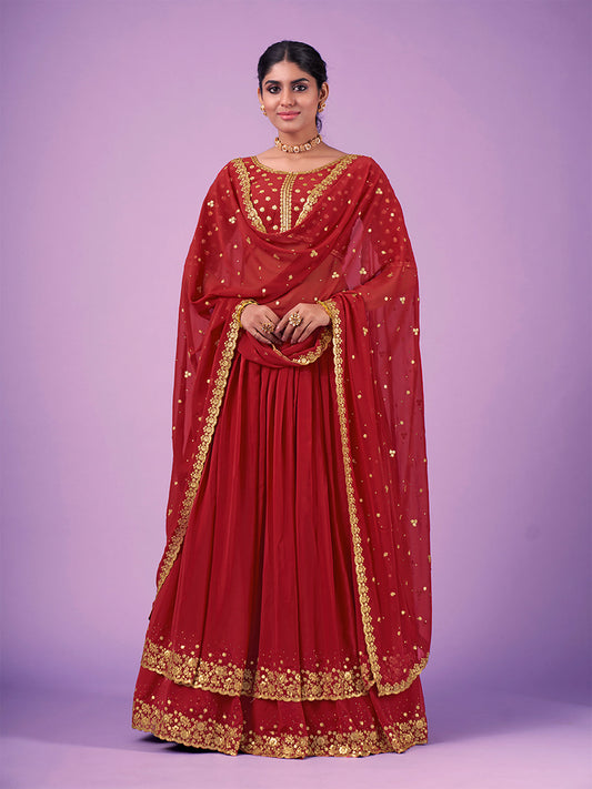 Odette Red Embroidered Georgette Semi Stitched Lehenga With Blouse For Women
