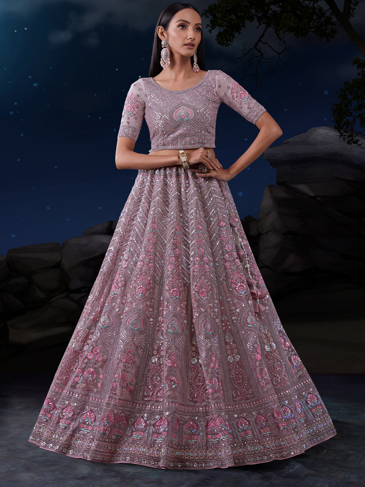 Odette Mauve Embroidered Soft Net Semi Stitched Lehenga With Blouse For Women