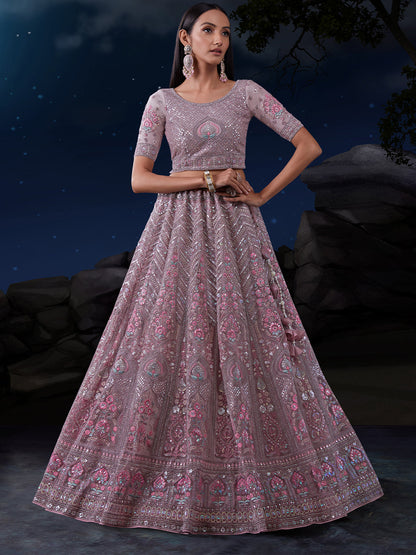 Odette Mauve Embroidered Soft Net Semi Stitched Lehenga With Blouse For Women