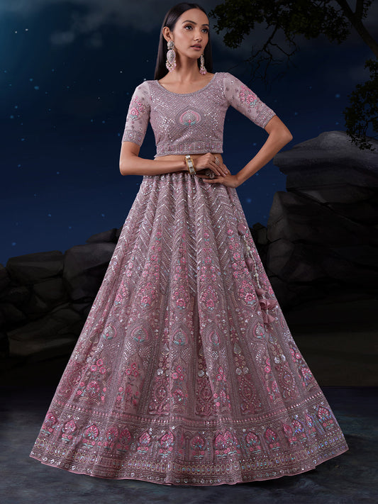 Odette Mauve Embroidered Soft Net Semi Stitched Lehenga With Blouse For Women
