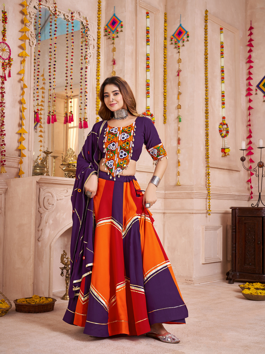 Odette Multicolor Viscose Cotton Embroidered Semi-Stitched Lehenga Choli For Women