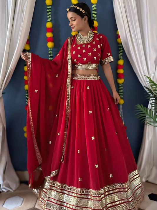 Odette Red Georgette Embellished Semi-Stitched lehenga For Women