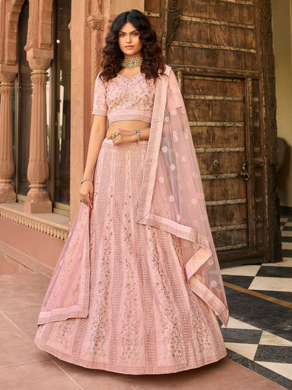Odette Pink Embroidered Organza Semi Stitched Lehenga With Blouse For Women