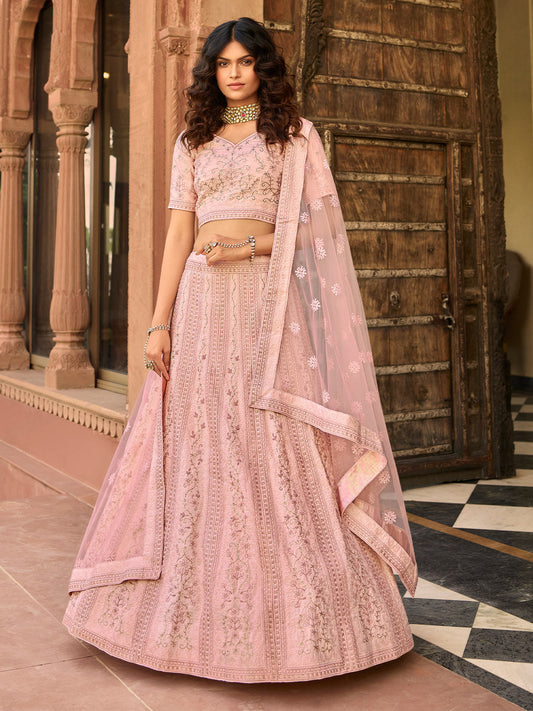 Odette Pink Embroidered Organza Semi Stitched Lehenga With Blouse For Women