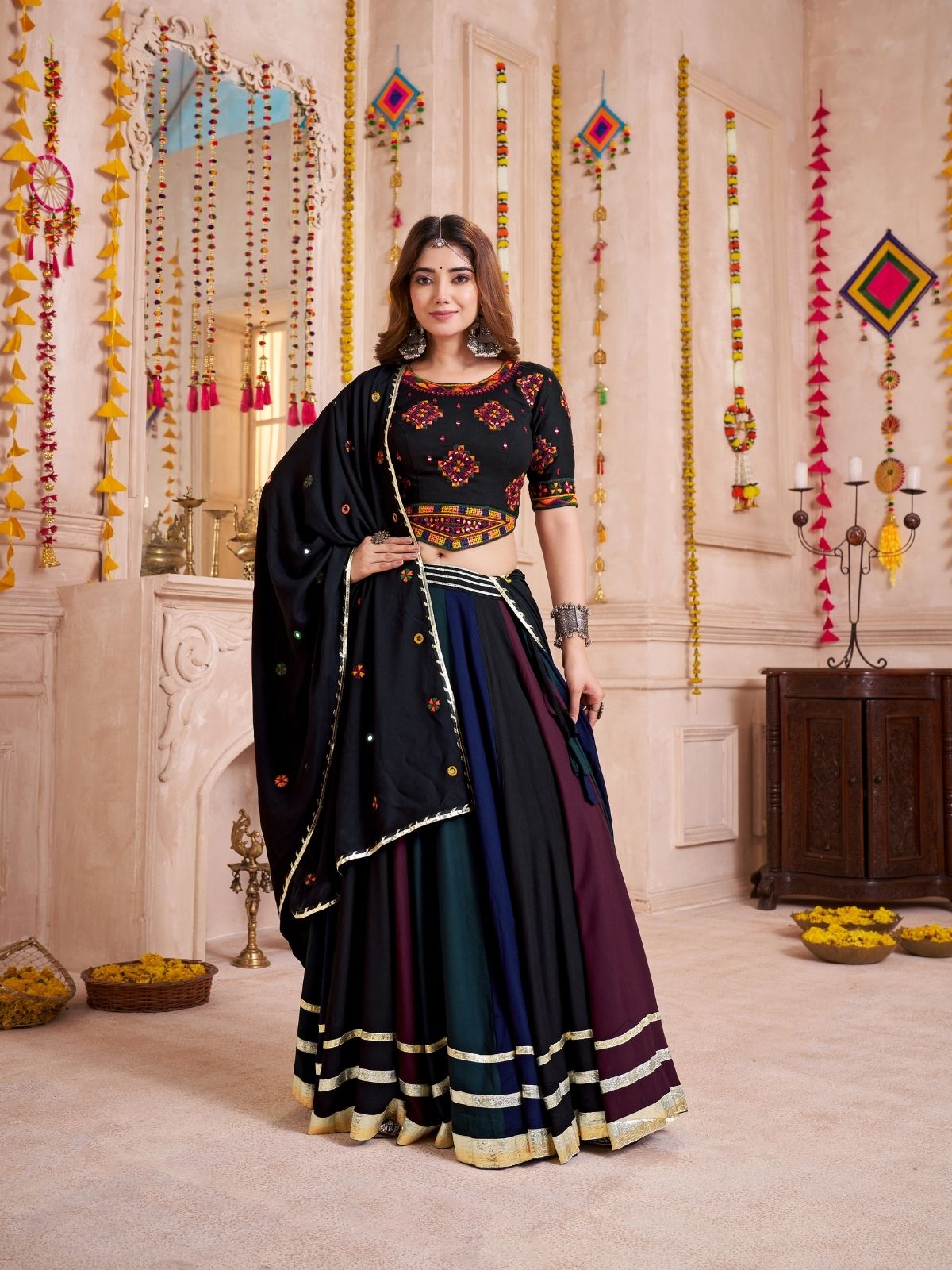 Odette Black Cotton Blend Solid With Golden Border Semi-Stitched Lehenga For Women